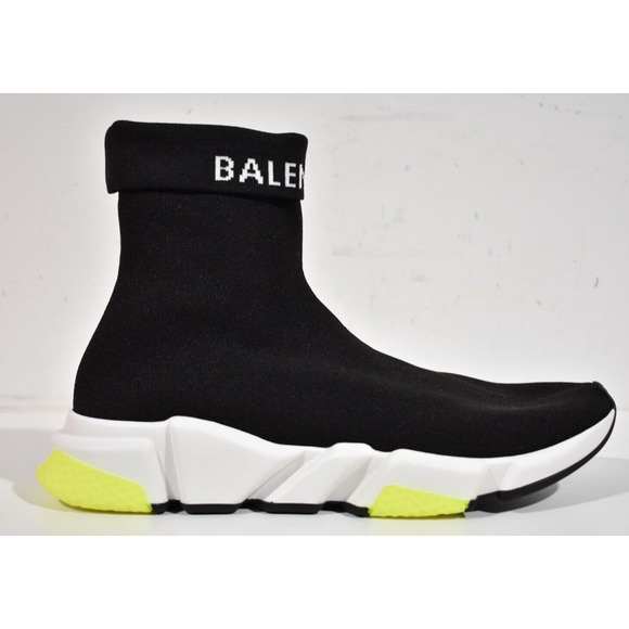 Balenciaga Mens Sock Speed Black White Yellow Logo Cuffed High Top Sneaker 43 10 - Picture 2 of 11